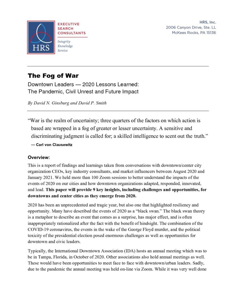 The Fog of War – Downtown Leaders – 2020 Lessons Learned: The Pandemic, Civil Unrest and Future Impact